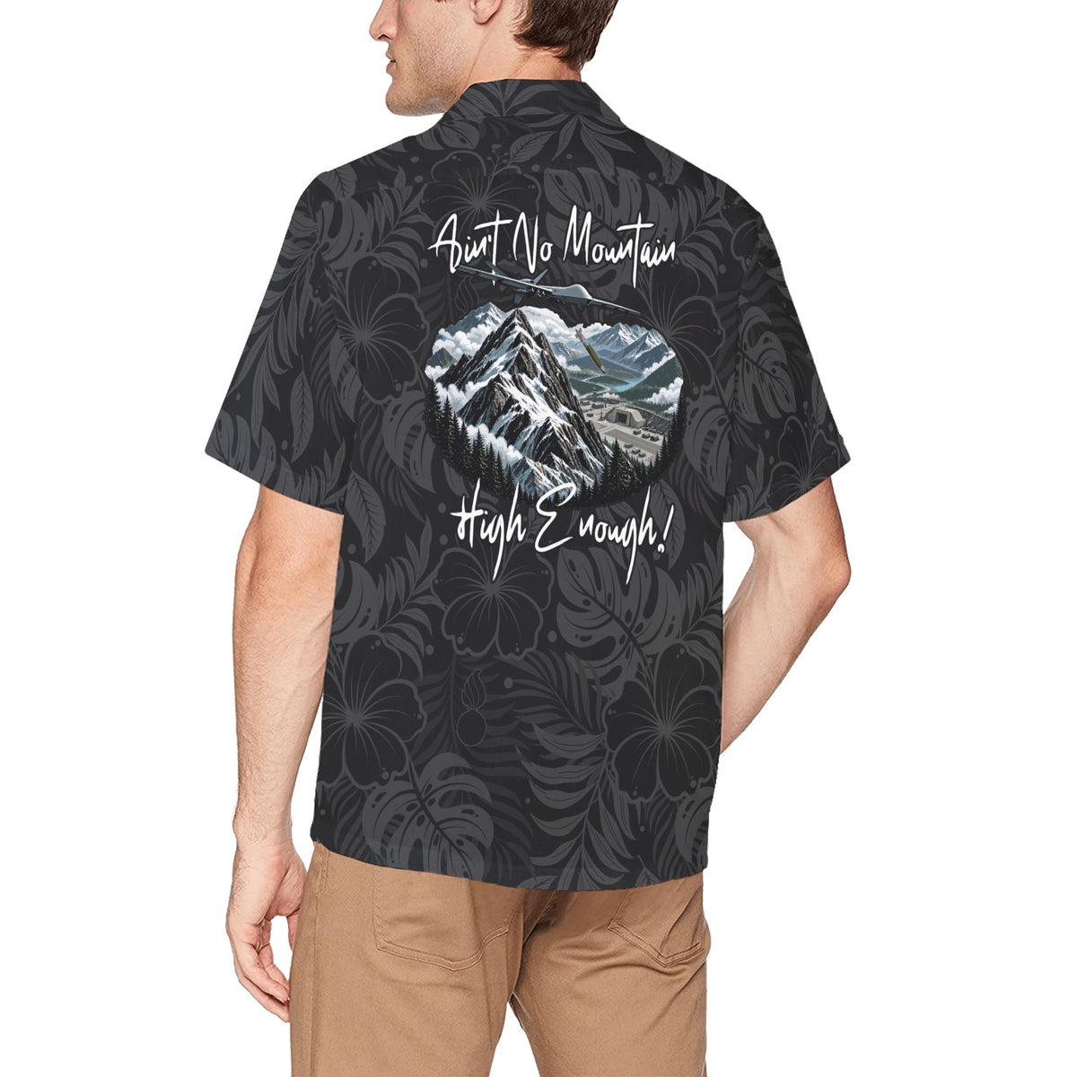 USAF AMMO Aint No Mountain High Enough Drone Dropping Bomb on Bunker Hawaiian Shirt With Left Chest Pocket