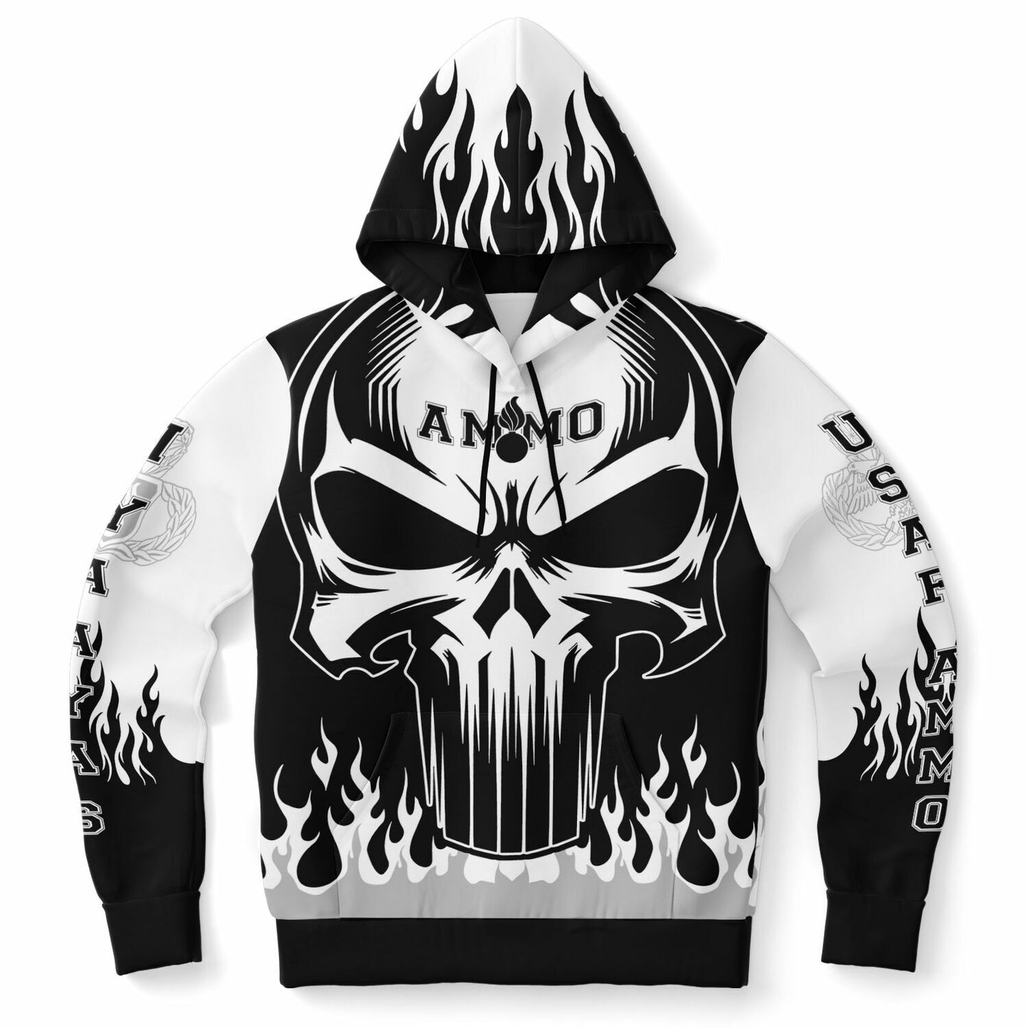 AMMO Skull Flames Black White Grey Fashion Hoodie - All Over Print
