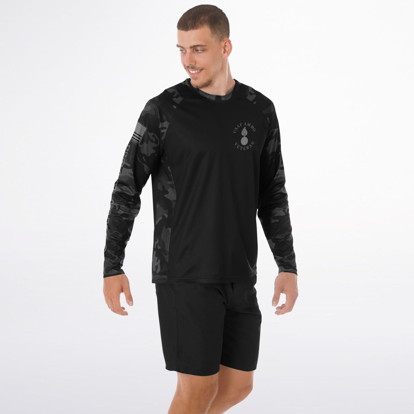 USAF AMMO Veteran Dark Grey and Black Camouflage Men's Long Sleeve Performance Shirt - All Over Print