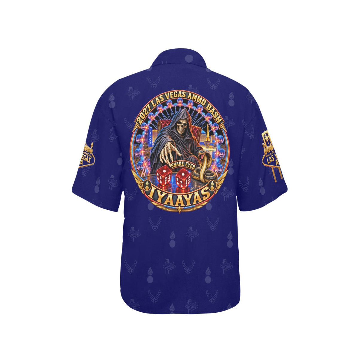 2027 AMMO Bash Las Vegas Grim Reaper Snake Eyes Navy Blue Full Color Logos Women’s Hawaiian Shirt with No Pocket