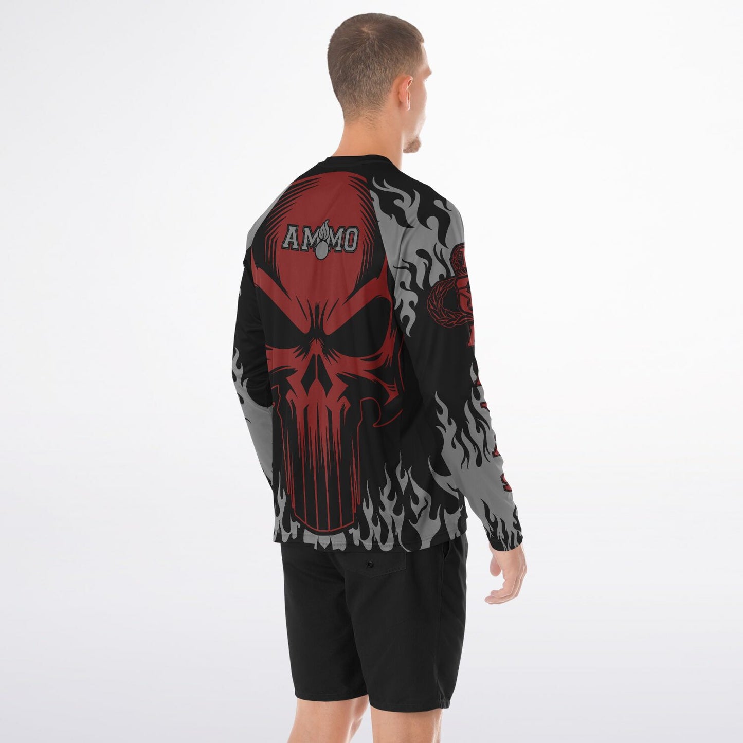 AMMO Skull Flames Black Red Grey Men's Long Sleeve Performance Shirt - All Over Print