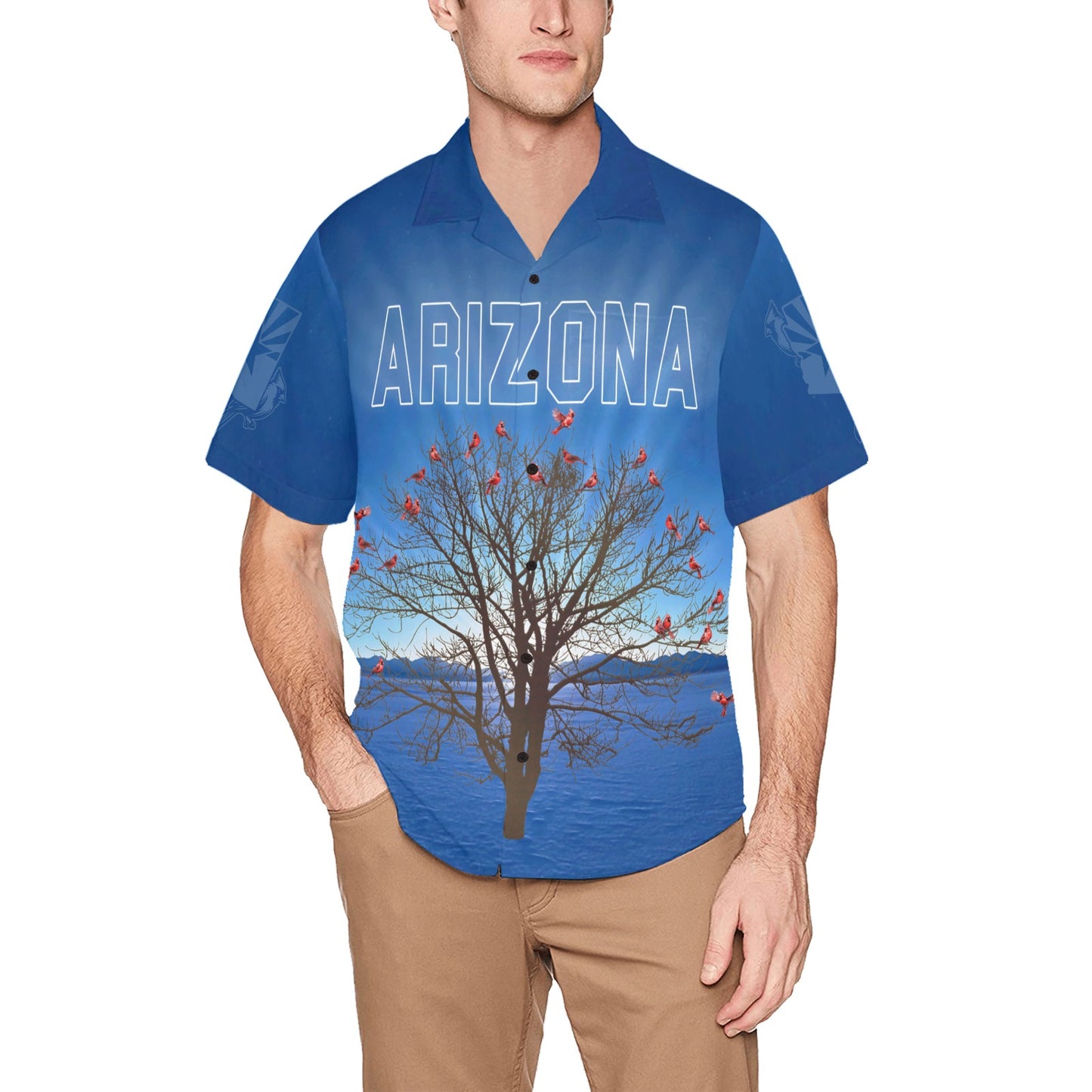 Blue Sky Arizona Sunrise with Mesquite Tree Full of Red Cardinals Hawaiian Shirt With Left Chest Pocket