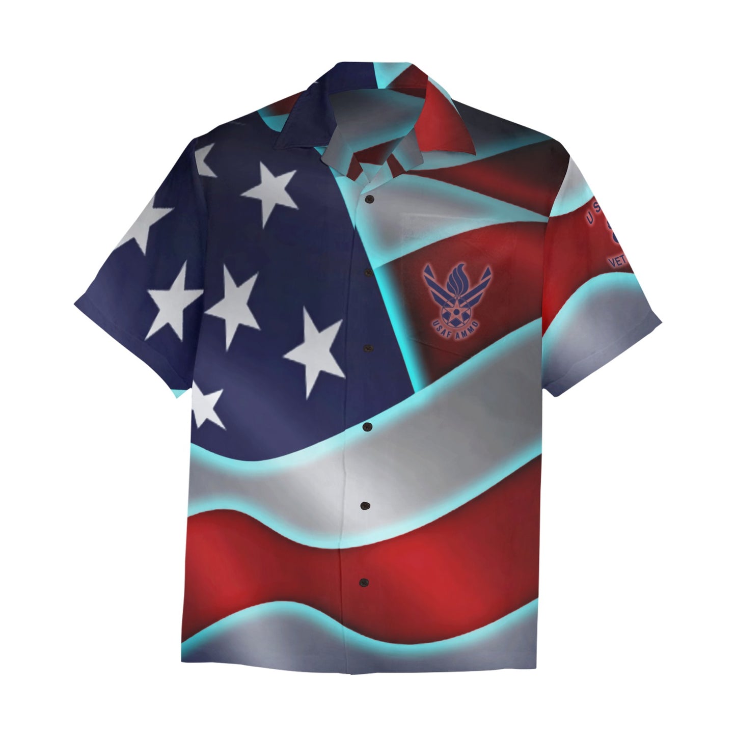 USAF AMMO Veteran American Flag Shiny Chrome Appearance Mens Hawaiian Shirt With Left Chest Pocket