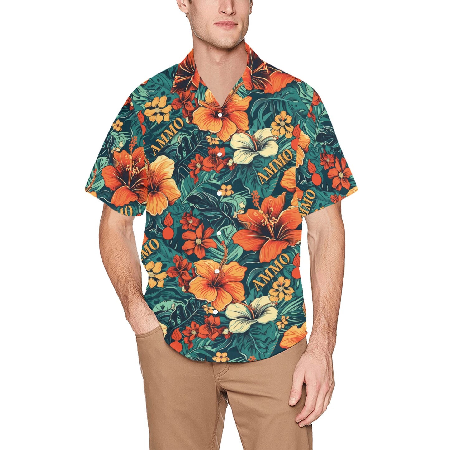 Orange Flowers With Green Leaves Pisspots and Word AMMO Mens Hawaiian Shirt With Left Chest Pocket