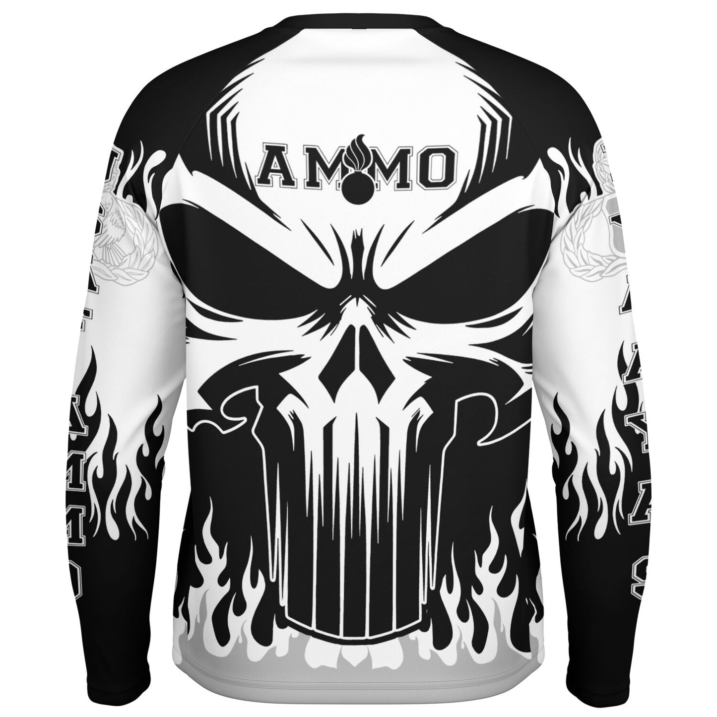AMMO Skull Flames Black White Grey Men's Long Sleeve Performance Shirt - All Over Print