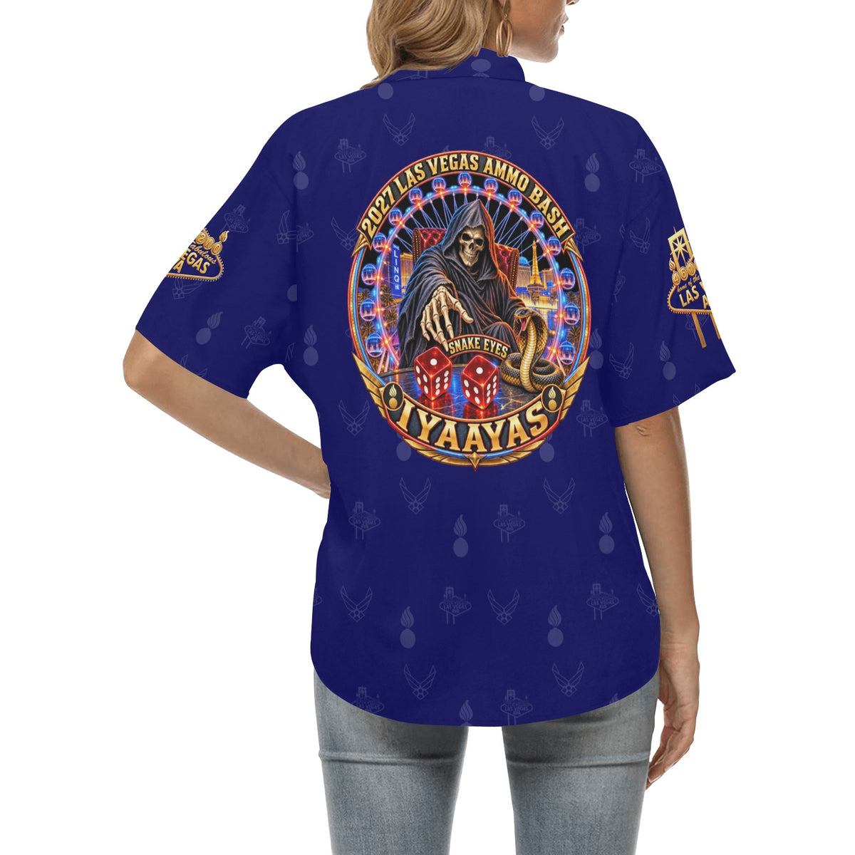 2027 AMMO Bash Las Vegas Grim Reaper Snake Eyes Navy Blue Full Color Logos Women’s Hawaiian Shirt with No Pocket
