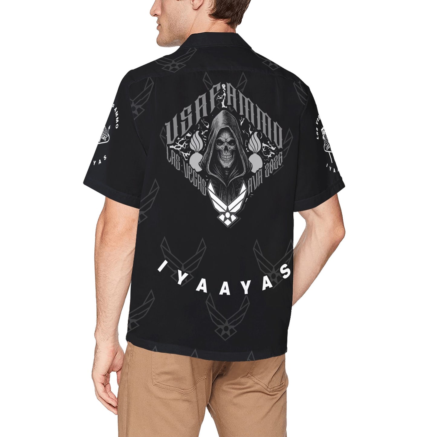 Las Vegas AVA CC 2026 USAF AMMO Grim Reaper Pisspots IYAAYAS Mens Black V3 Event Hawaiian Shirt with Front Left Chest Pocket