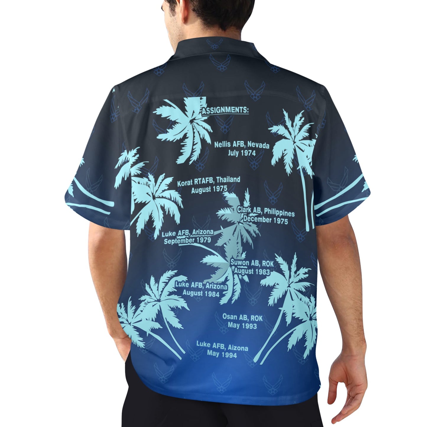 USAF AMMO Palm Trees Retired Base Names On Back Mens Hawaiian Shirt