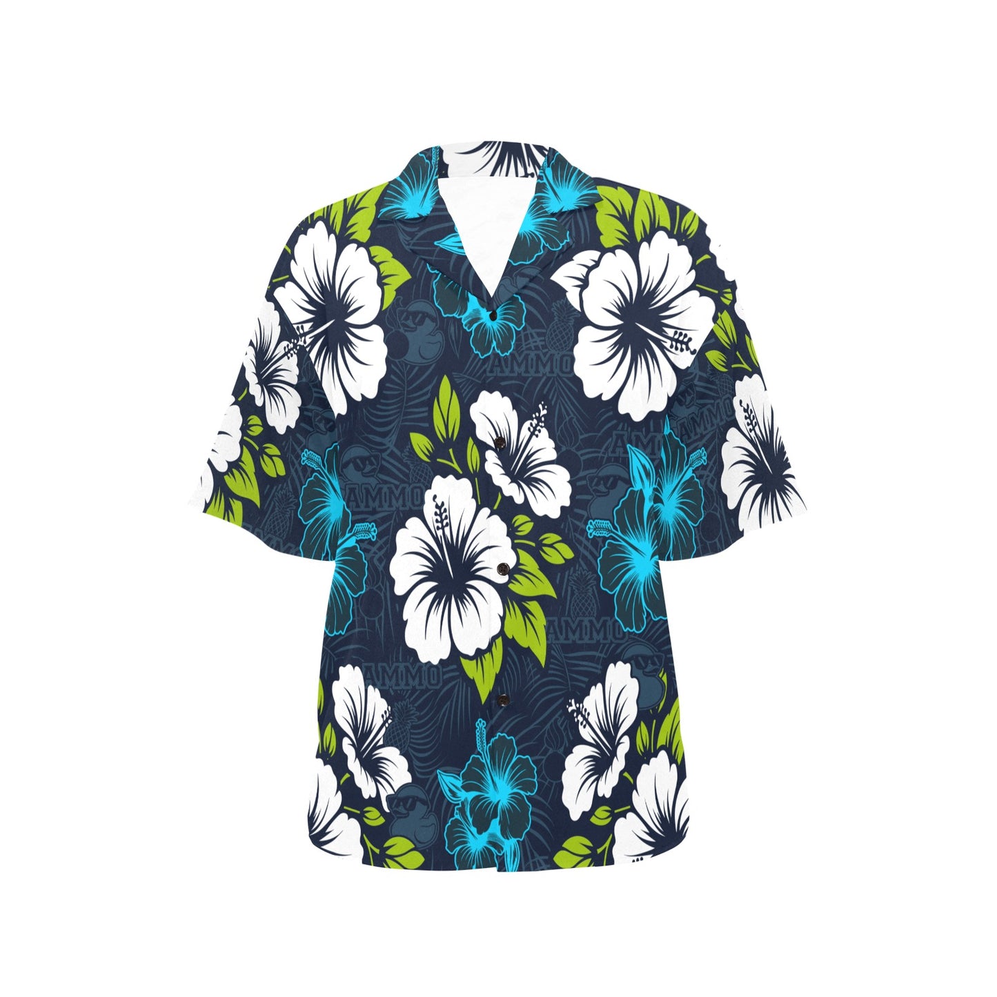 Deep Blue With Bright Flowers Pisspots AMMO Pineapples and Rubber Duckies Womens Version Hawaiian Shirt