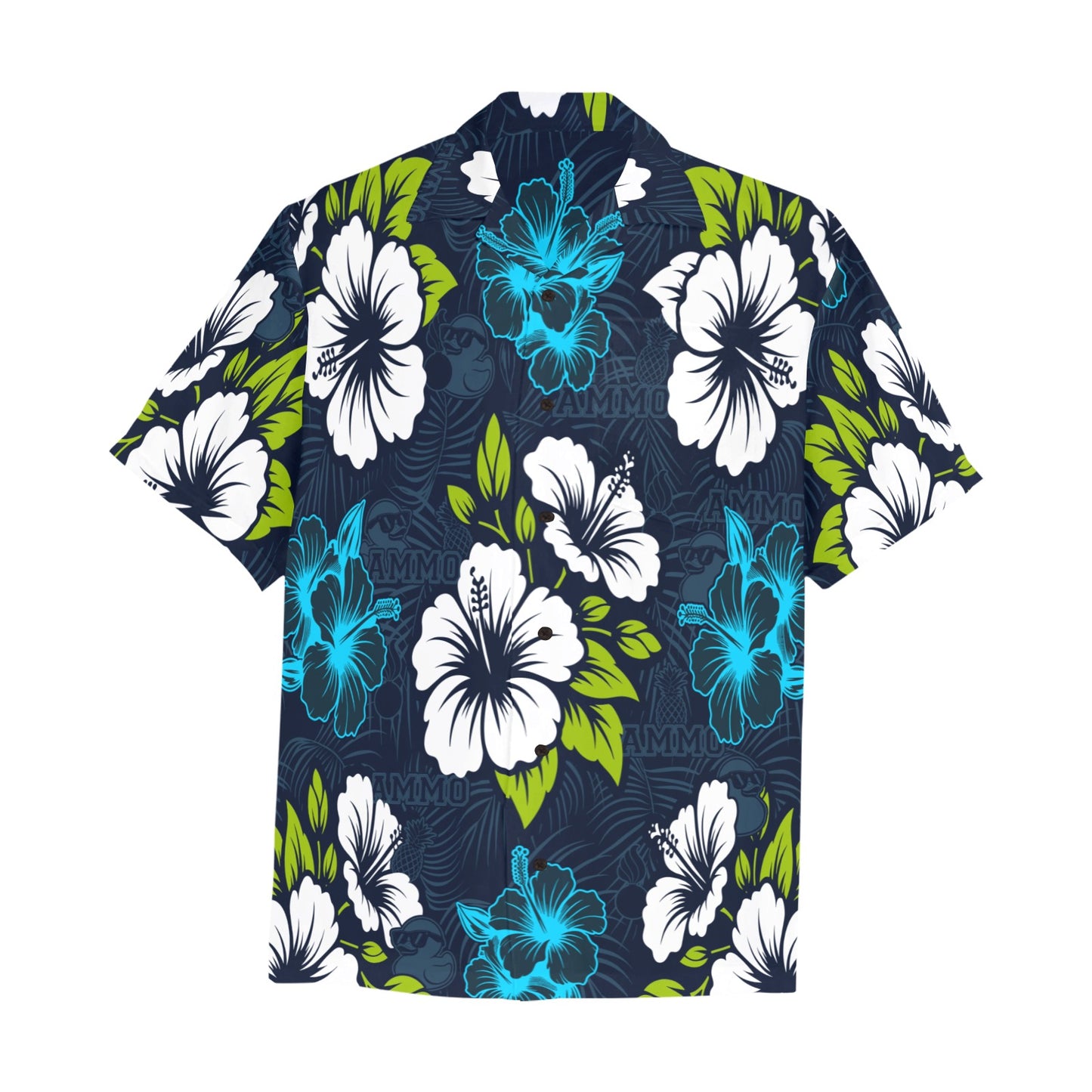 Deep Blue With Bright Flowers Pisspots AMMO Pineapples and Rubber Duckies Hawaiian Shirt With Left Chest Pocket
