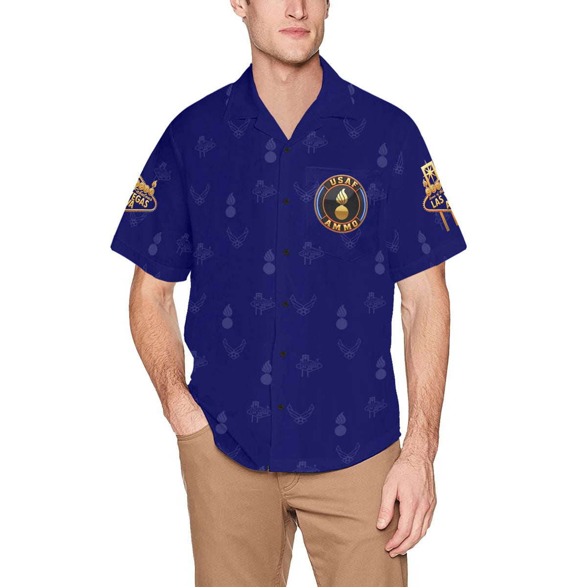 2027 AMMO Bash Las Vegas Grim Reaper Snake Eyes Navy Blue Full Color Logos Men’s Hawaiian Shirt with Left Chest Pocket