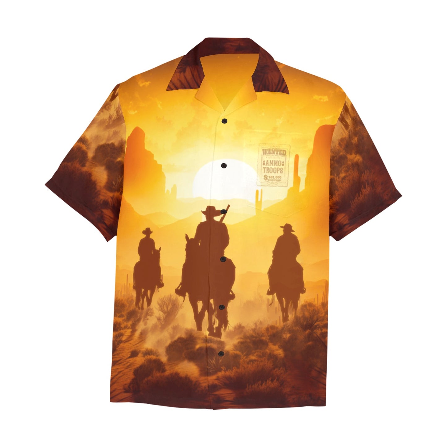 USAF AMMO Troops Cowboys Riding Into Southwest Sunset With Wanted Poster Mens Hawaiian Shirt With Left Chest Pocket