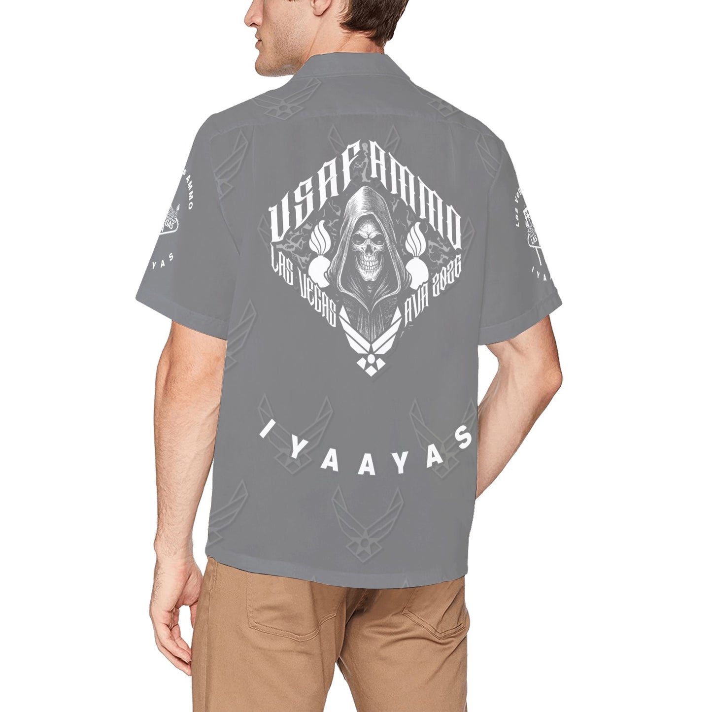 USAF AMMO Grim Reaper 2026 Las Vegas AVA Pisspots IYAAYAS Mens Grey V3 Event Hawaiian Shirt with Front Left Chest Pocket