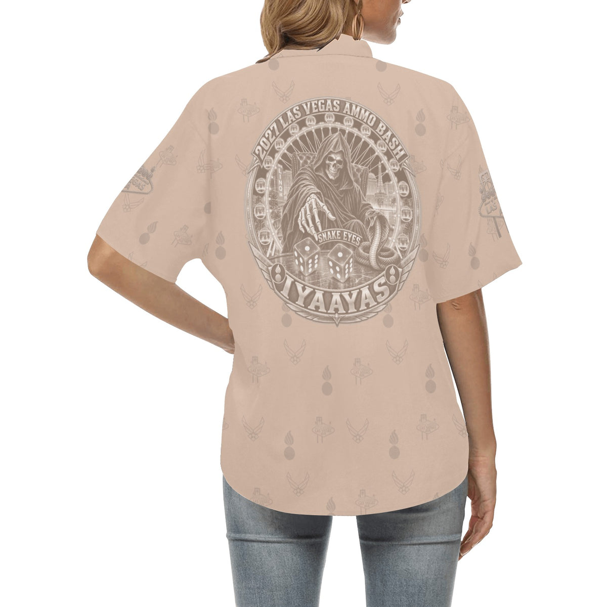 2027 AMMO Bash Las Vegas Grim Reaper Snake Eyes Sand Subdued Color Logos Women’s Hawaiian Shirt with No Pocket