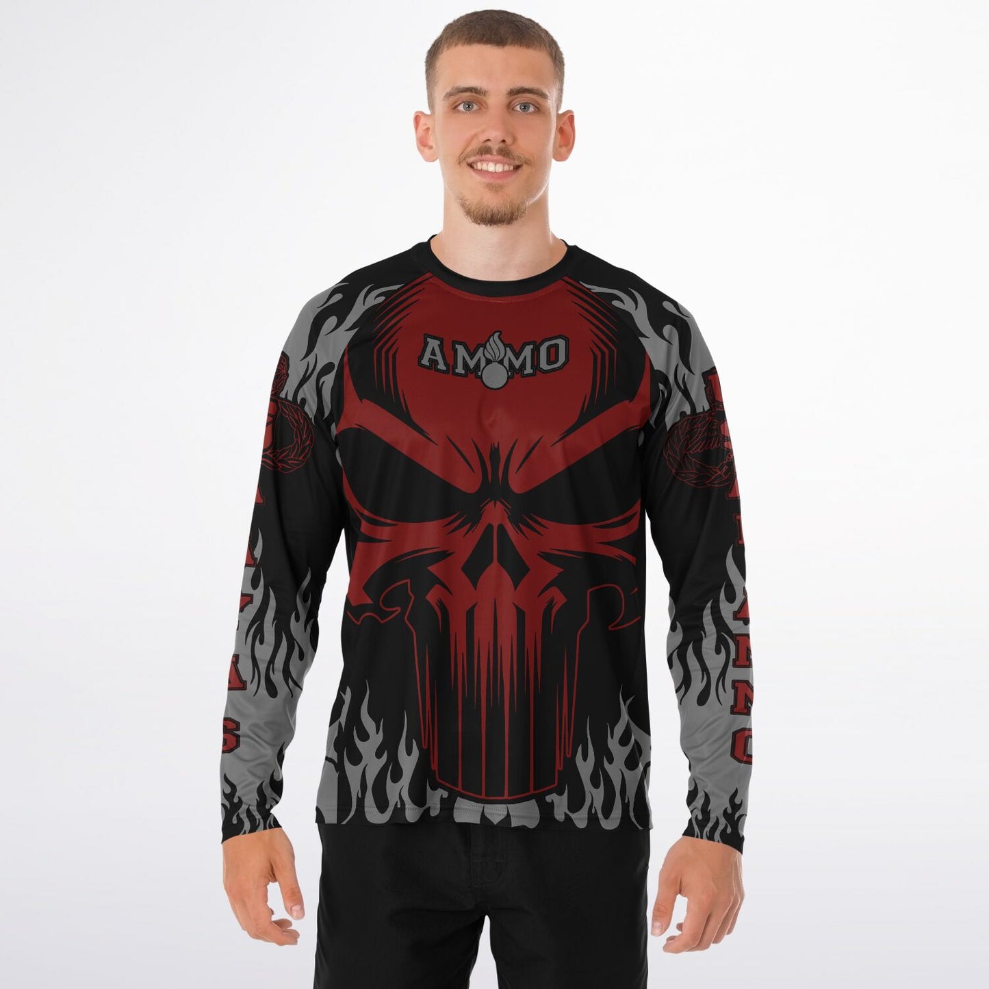 AMMO Skull Flames Black Red Grey Men's Long Sleeve Performance Shirt - All Over Print