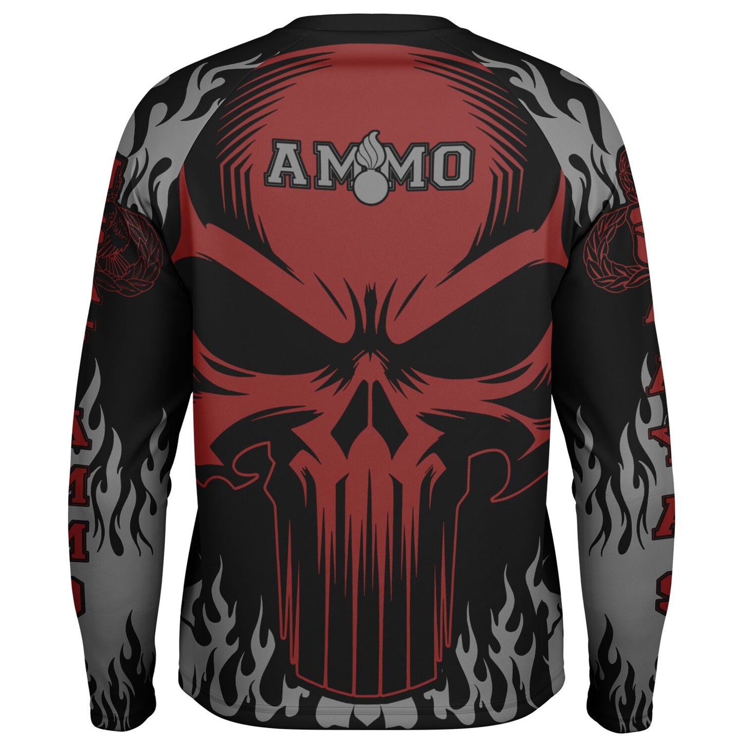 AMMO Skull Flames Black Red Grey Men's Long Sleeve Performance Shirt - All Over Print