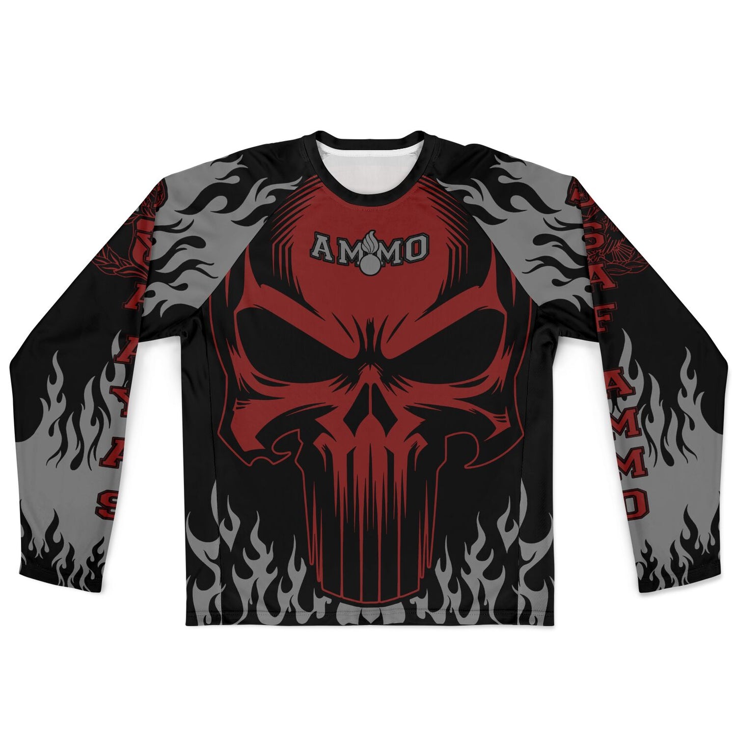 AMMO Skull Flames Black Red Grey Men's Long Sleeve Performance Shirt - All Over Print