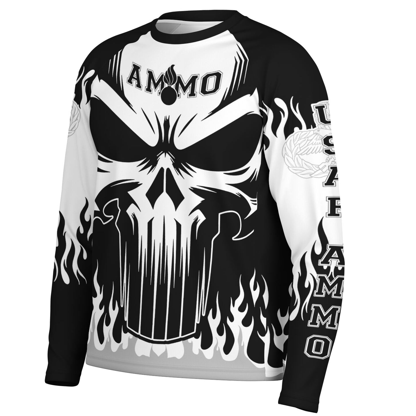 AMMO Skull Flames Black White Grey Men's Long Sleeve Performance Shirt - All Over Print