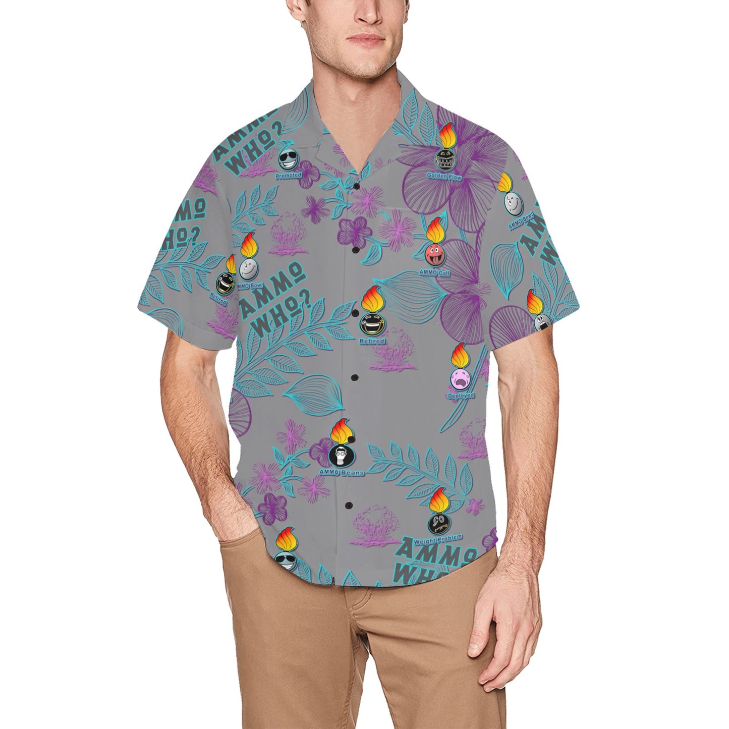 AMMO Who Different Event Pisspot Facial Expressions Neon Flowers Mens Front Left Chest Pocket Hawaiian Shirt