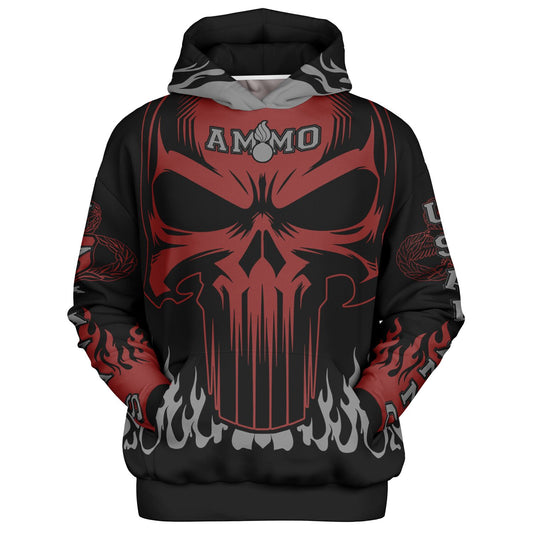 AMMO Skull Flames Black Red Grey Heavyweight Oversized Cold Weather Pullover Hoodie - All Over Print