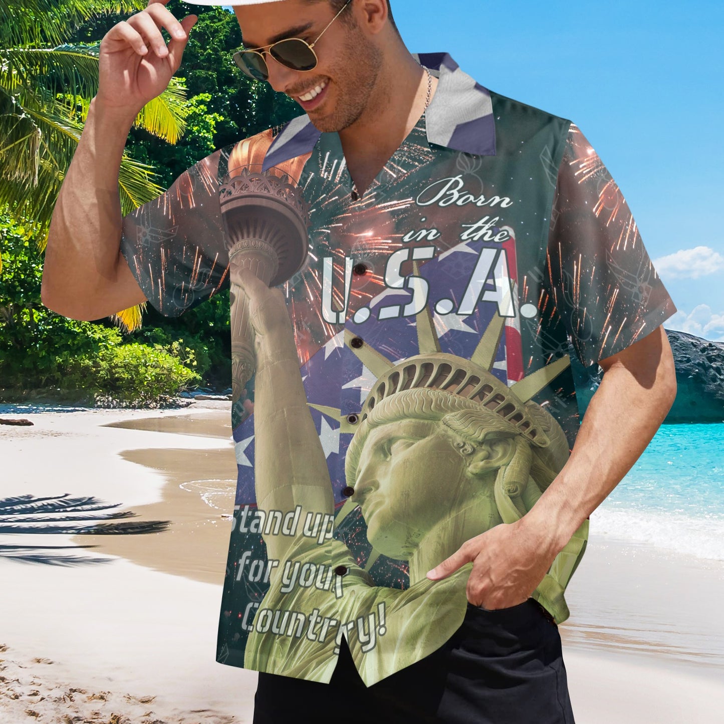 USAF AMMO Pisspots AF Vector logos Statue of Liberty Fireworks Patriotic Mens Hawaiian Shirt
