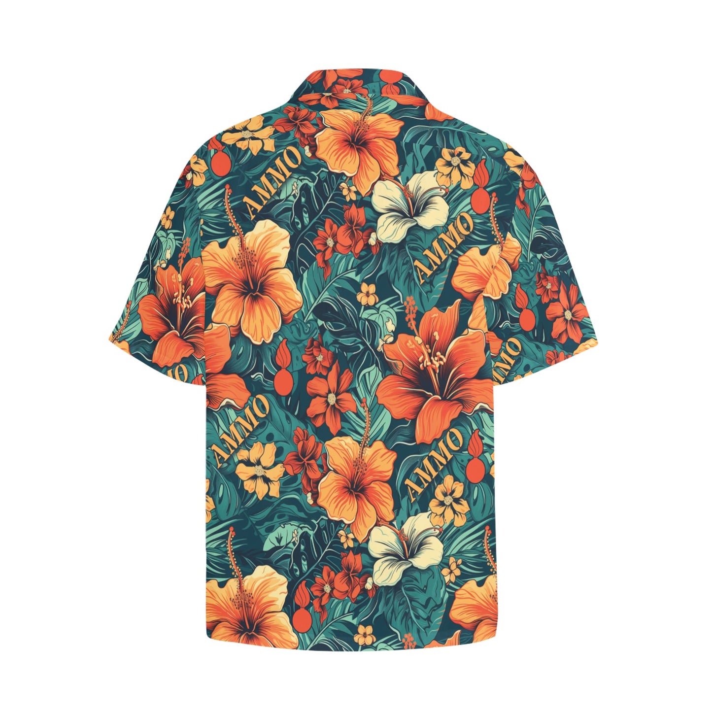 Orange Flowers With Green Leaves Pisspots and Word AMMO Mens Hawaiian Shirt With Left Chest Pocket