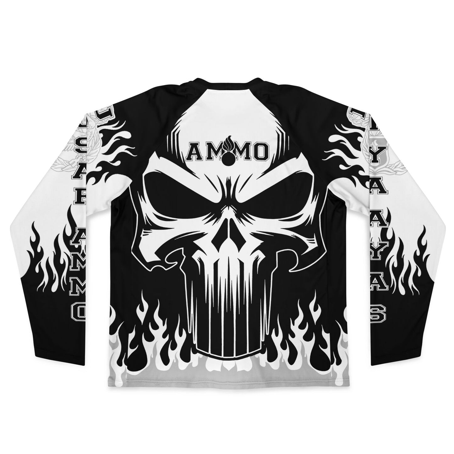 AMMO Skull Flames Black White Grey Men's Long Sleeve Performance Shirt - All Over Print