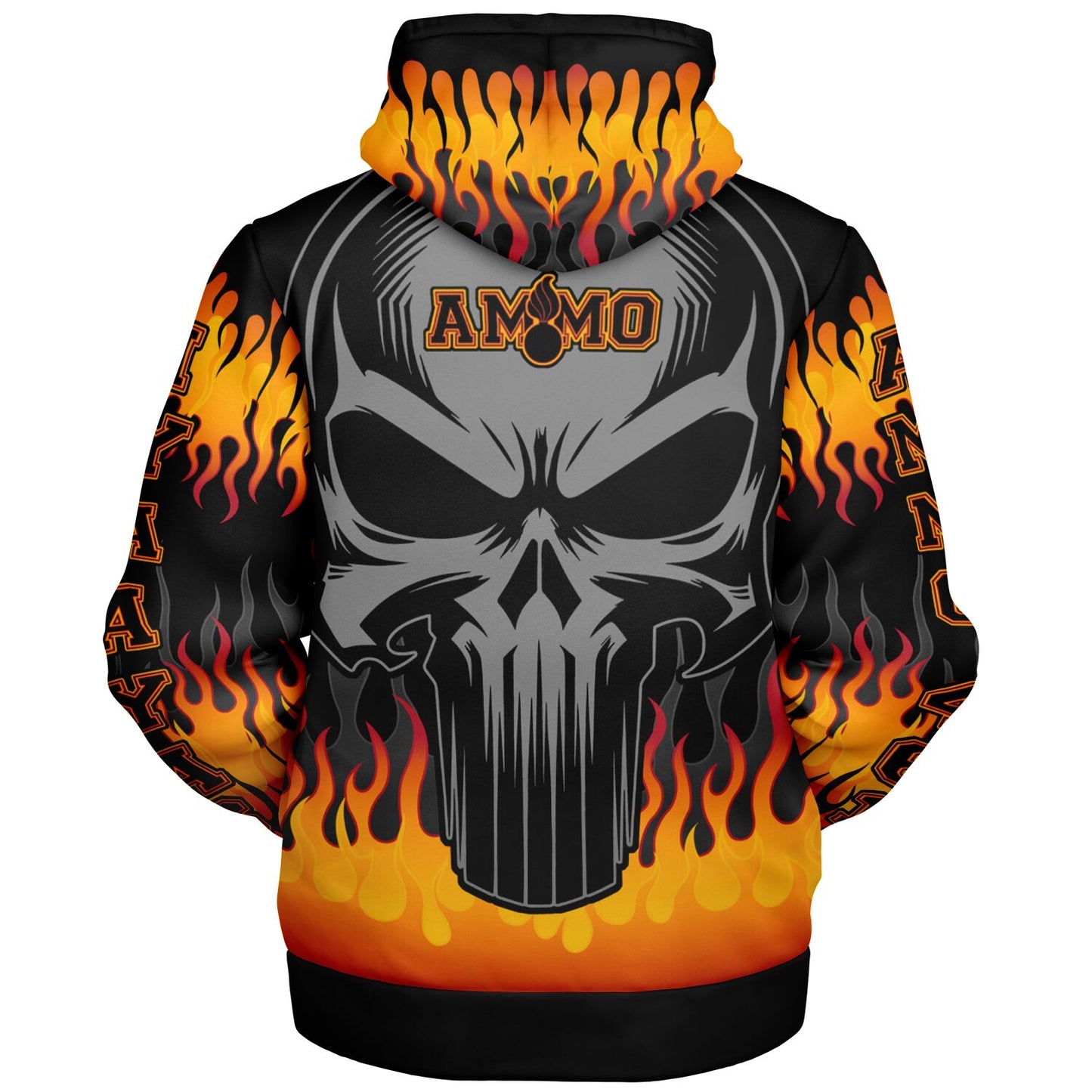 AMMO Skull Orange Flames Microfleece Cold Weather Zip-Up Hoodie - All Over Print