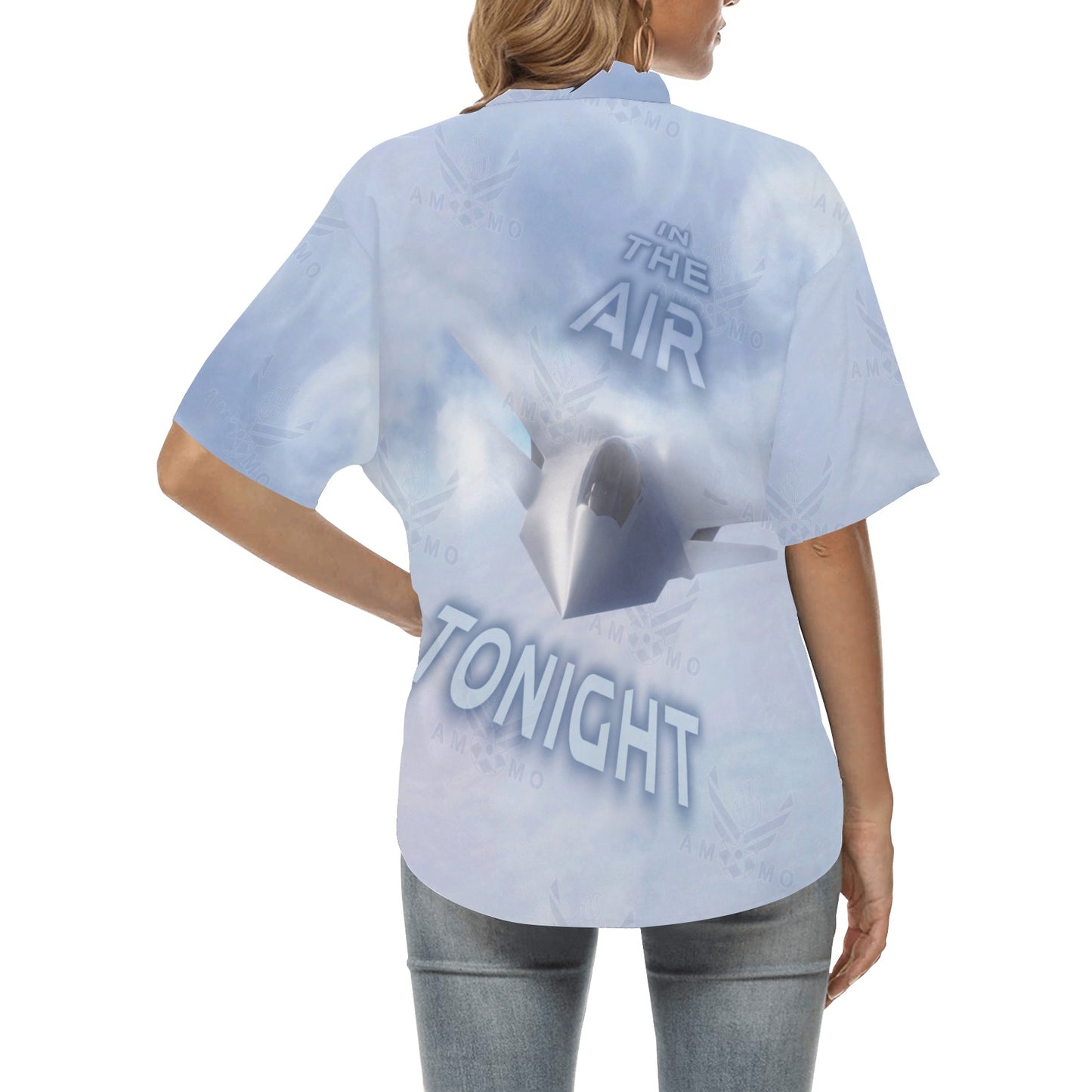 USAF AMMO F-47 Clouds In The Air Tonight Vector Logo Combined with Pisspots Womens Hawaiian Shirt