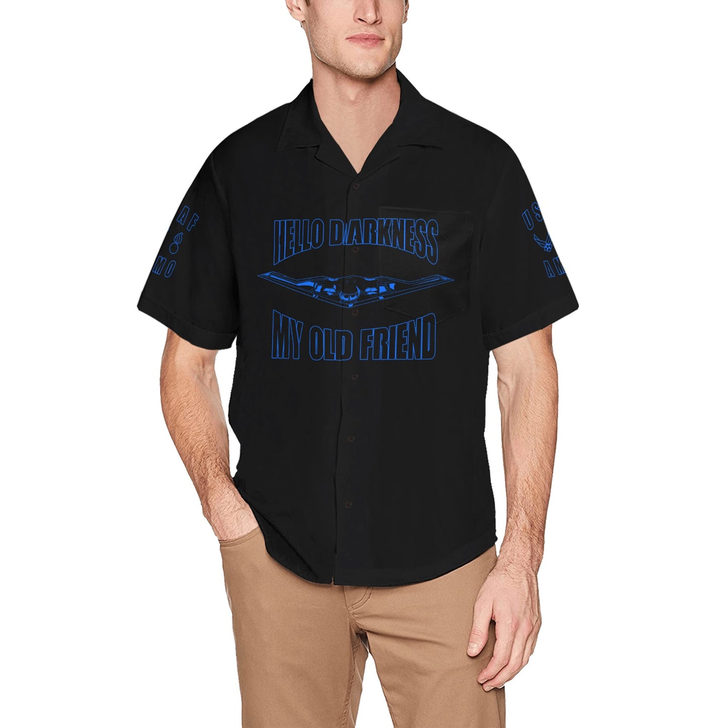 USAF AMMO B-2 Hello Darkness My Old Friend Pisspot AF Vector Mens Black Hawaiian Shirt With Left Chest Pocket