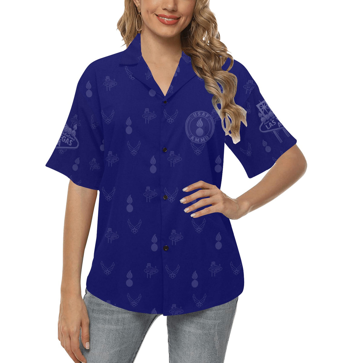 2027 AMMO Bash Las Vegas Grim Reaper Snake Eyes Navy Blue Subdued Color Logos Women’s Hawaiian Shirt with No Pocket