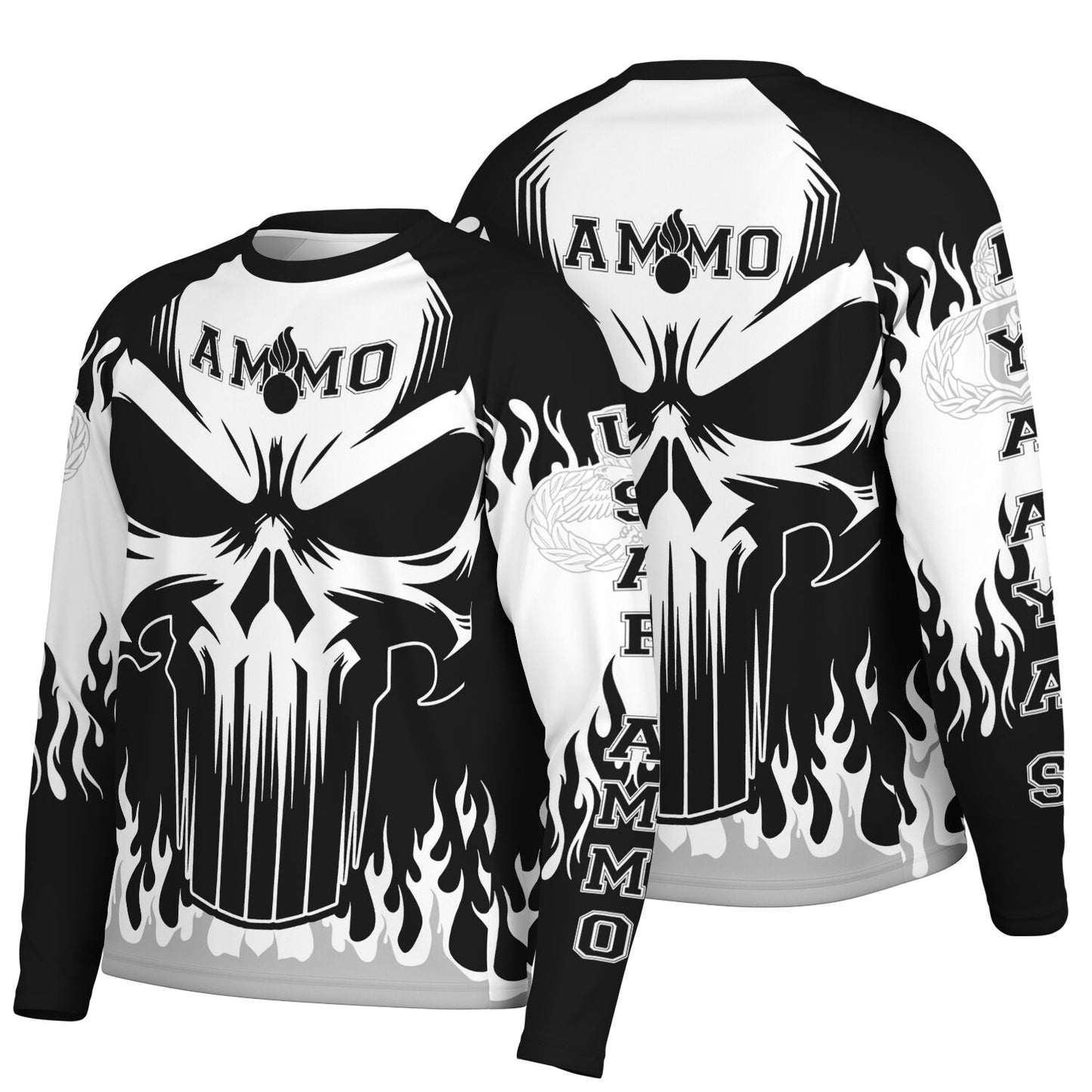 AMMO Skull Flames Black White Grey Men's Long Sleeve Performance Shirt - All Over Print