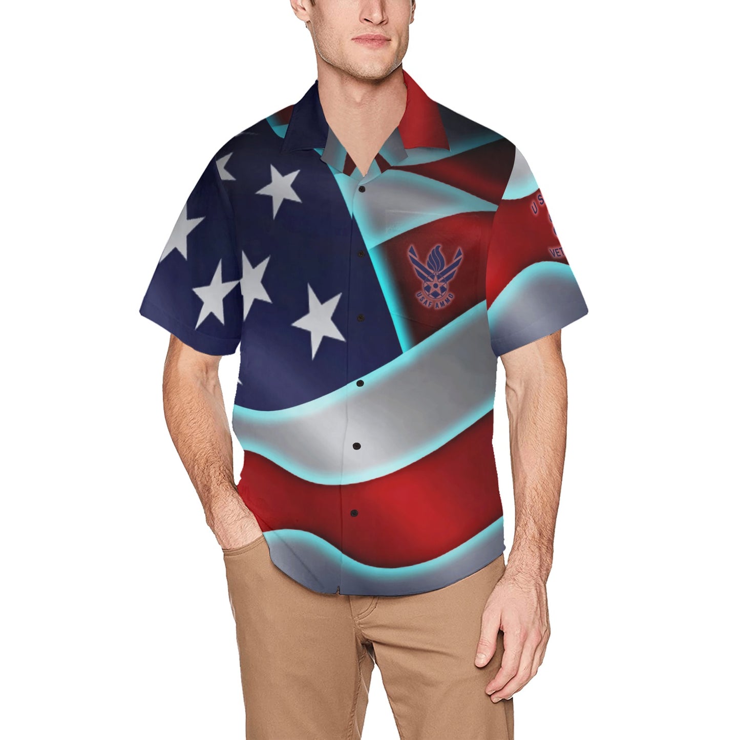 USAF AMMO Veteran American Flag Shiny Chrome Appearance Mens Hawaiian Shirt With Left Chest Pocket