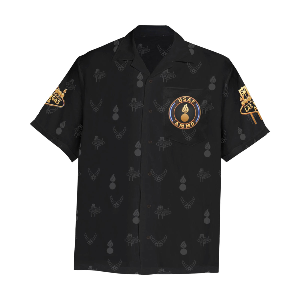2027 AMMO Bash Las Vegas Grim Reaper Snake Eyes Black Full Color Logos Men’s Hawaiian Shirt with Left Chest Pocket
