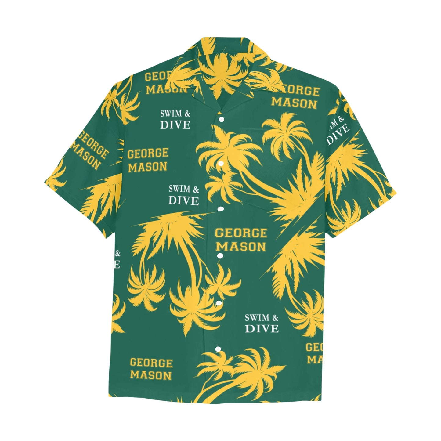 Green and Yellow George Mason Swim and Dive Team Fan Mens Hawaiian Shirt With Front Left Chest Pocket