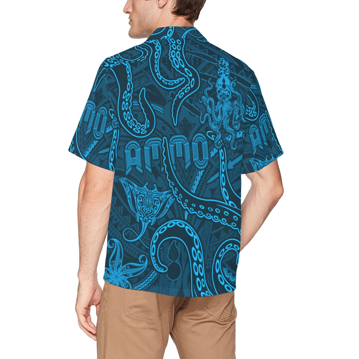 Aqua Blue Sea Life Mens Hawaiian Shirt With Left Chest Pocket