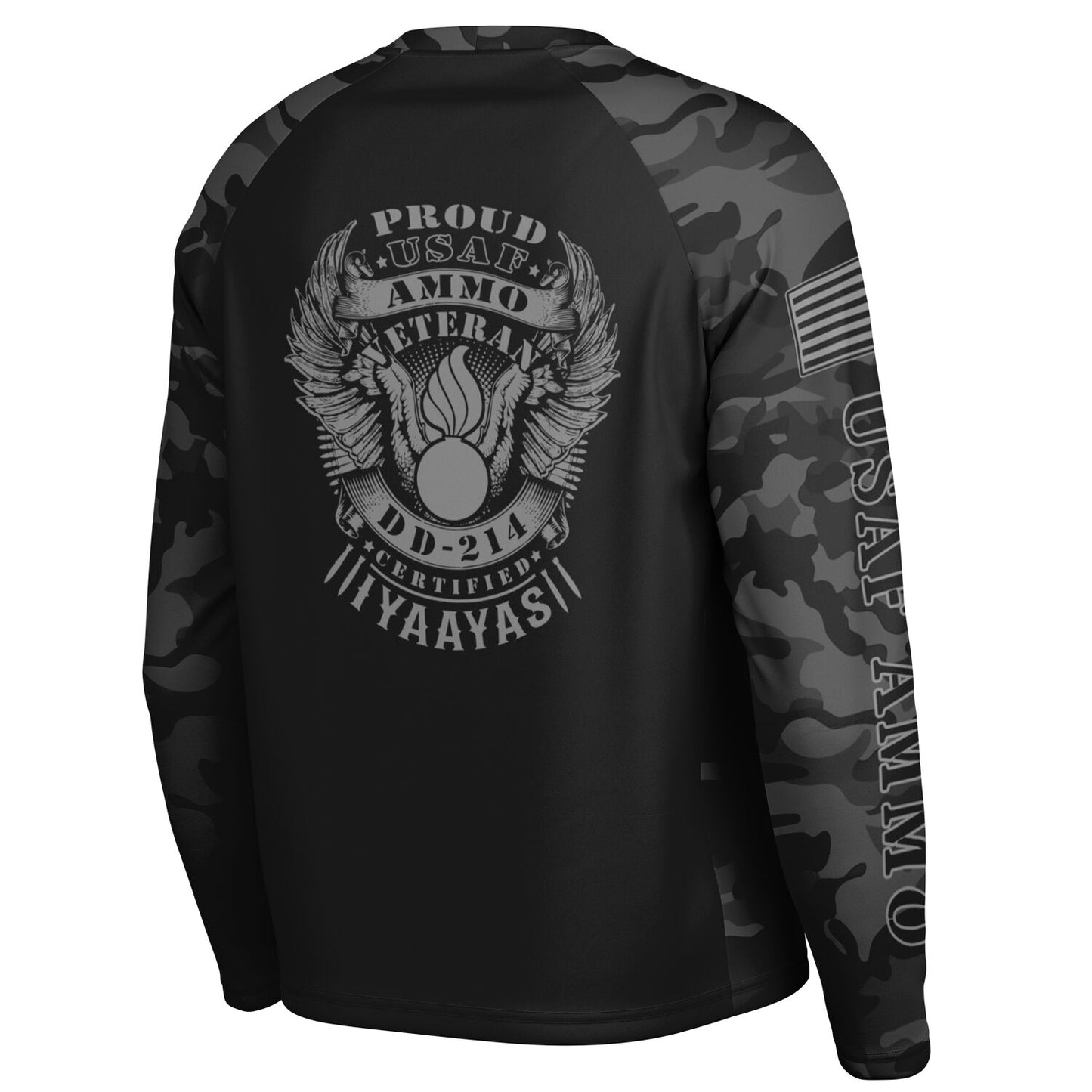 USAF AMMO Veteran Dark Grey and Black Camouflage Men's Long Sleeve Performance Shirt - All Over Print