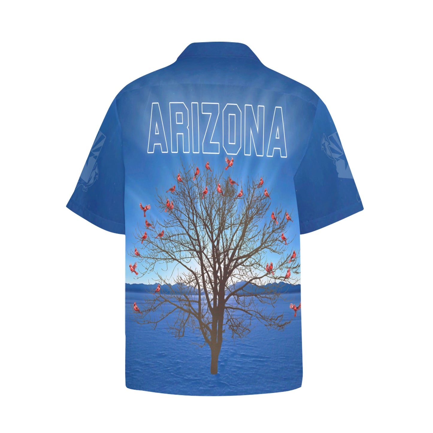 Blue Sky Arizona Sunrise with Mesquite Tree Full of Red Cardinals Hawaiian Shirt With Left Chest Pocket