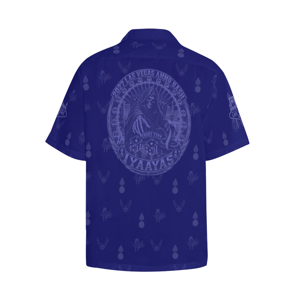 2027 AMMO Bash Las Vegas Grim Reaper Snake Eyes Navy Blue Subdued Color Logos Men’s Hawaiian Shirt with Left Chest Pocket
