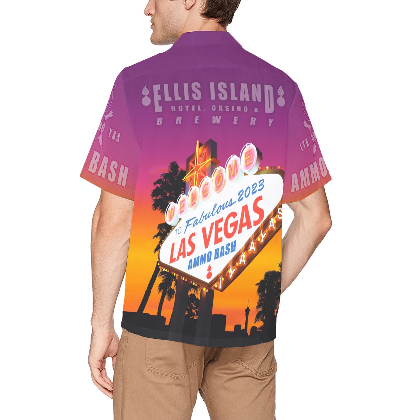 AMMO Bash 2023 AVA STAFF MEMBER ONLY Las Vegas Nevada Ellis Island Hotel Casino Brewery Mens Front Left Chest Pocket Event Hawaiian Shirt