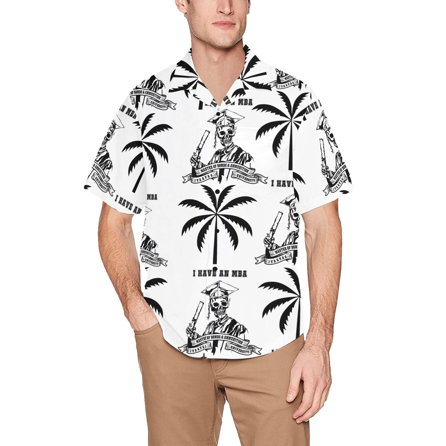 I have an MBA Master of Bombs and Ammunition Skeleton Cap and Gown Men’s White Hawaiian Event Shirt With Left Chest Pocket