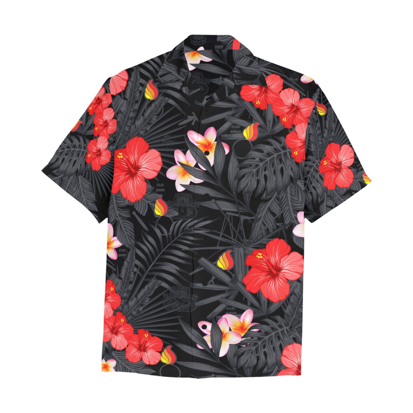 USAF AMMO Black and Grey Leaves Hibiscus Plumeria Pisspots and AMMO icons hidden all over AMMO Hawaiian Shirt With Left Chest Pocket