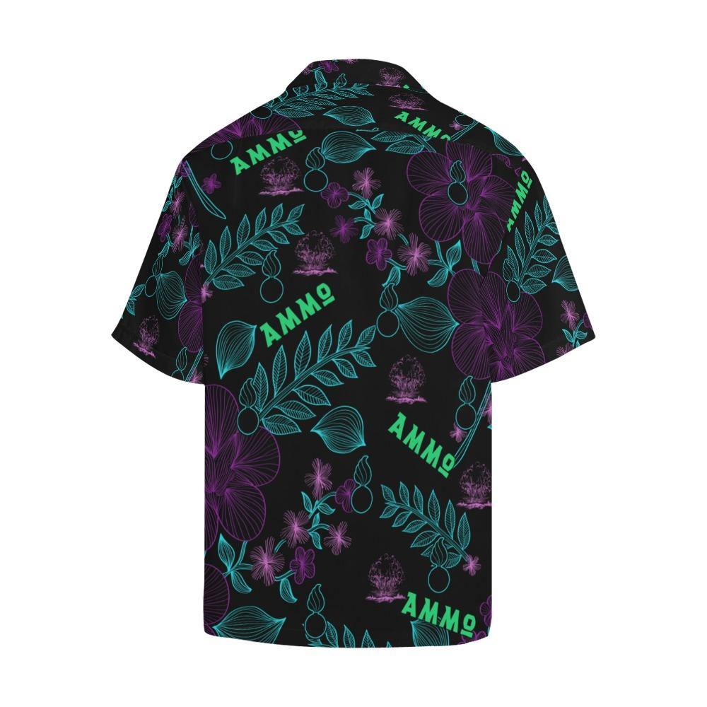 AMMO Hawaiian Shirt Black With Purple Flowers Blue Pisspots and Leaves Green AMMO - AMMO Pisspot IYAAYAS Gear