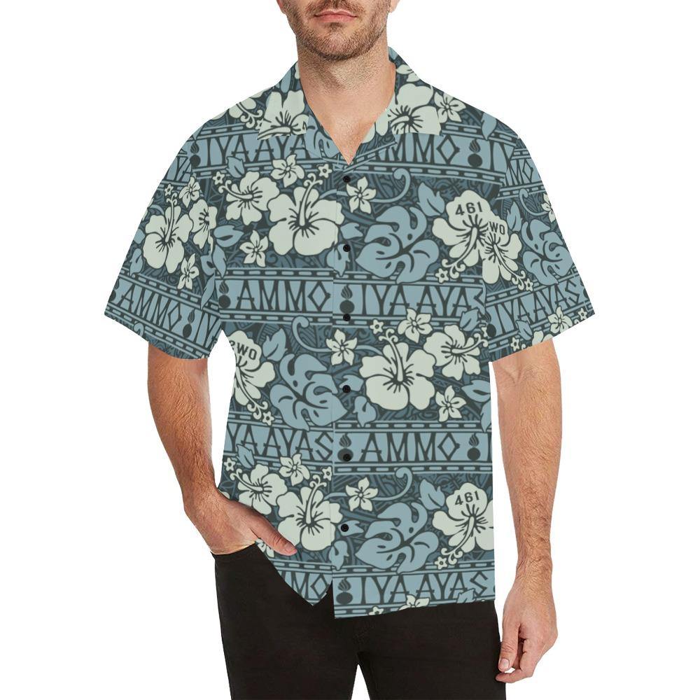AMMO Hawaiian Shirt Blue Green Flowers and Tribal Pattern Underneath - AMMO Pisspot IYAAYAS Gear