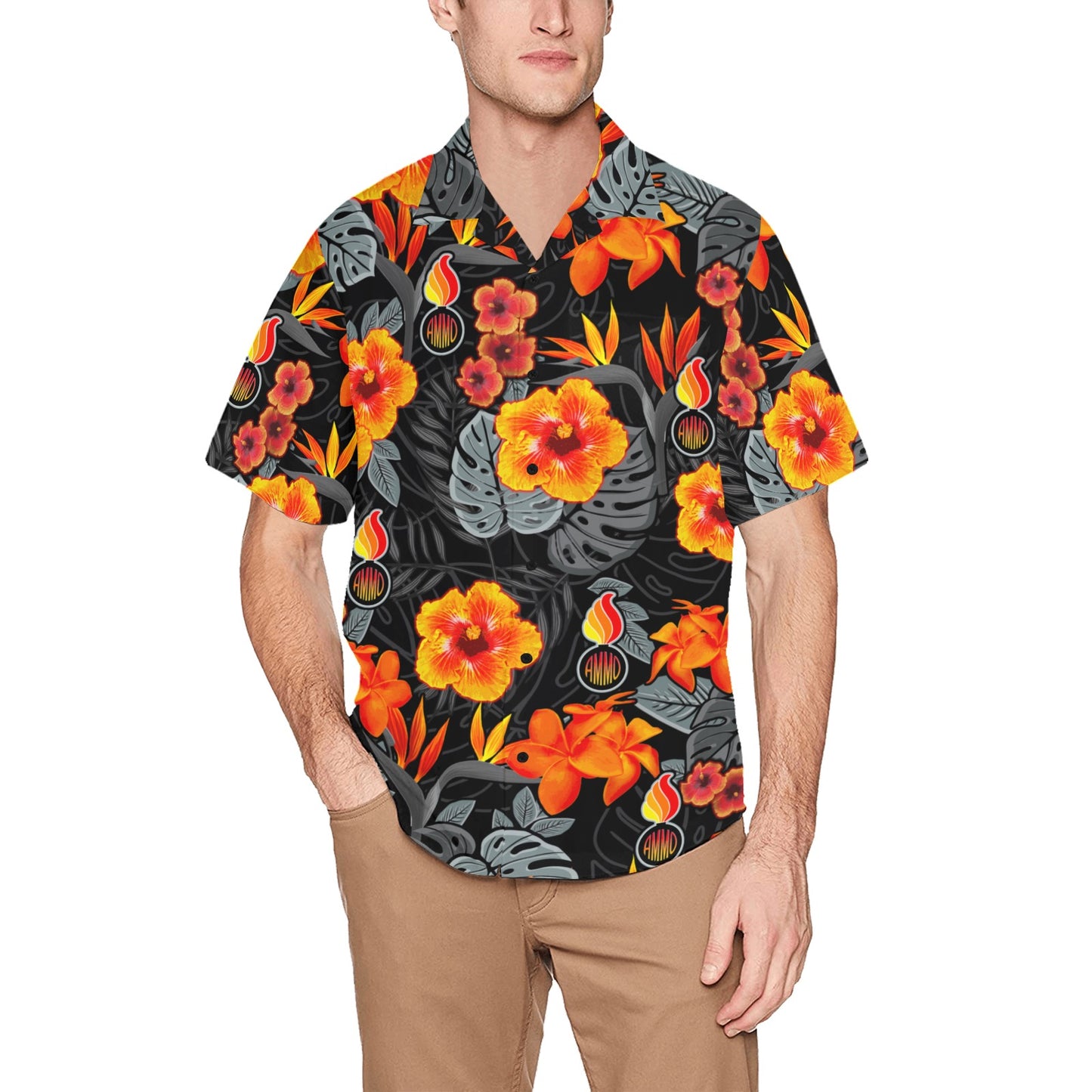USAF AMMO Fire Orange Hibiscus Flowers Leaves Pisspots AMMO Hawaiian Shirt With Left Chest Pocket