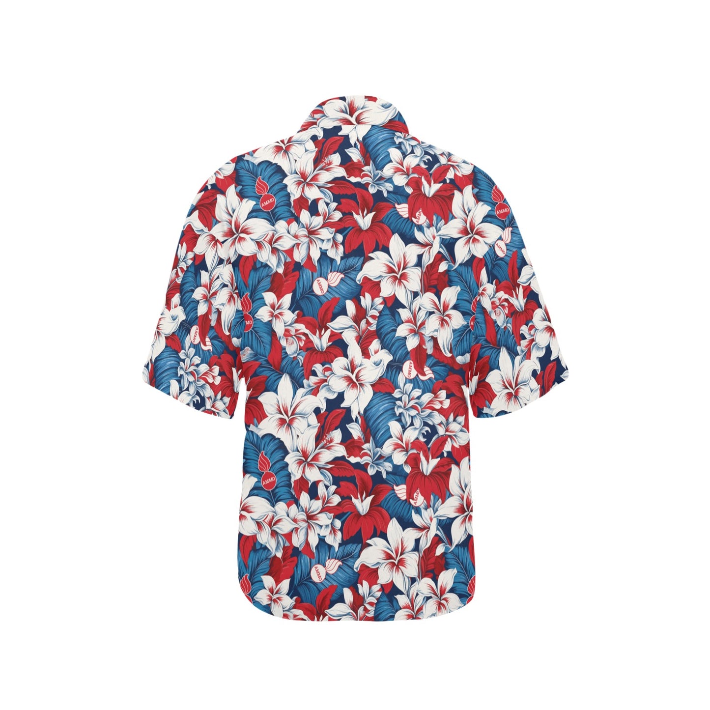 USAF AMMO Red White and Blue Patriotic Tropical Flowers Leaves and Pisspots Womens Hawaiian Shirt
