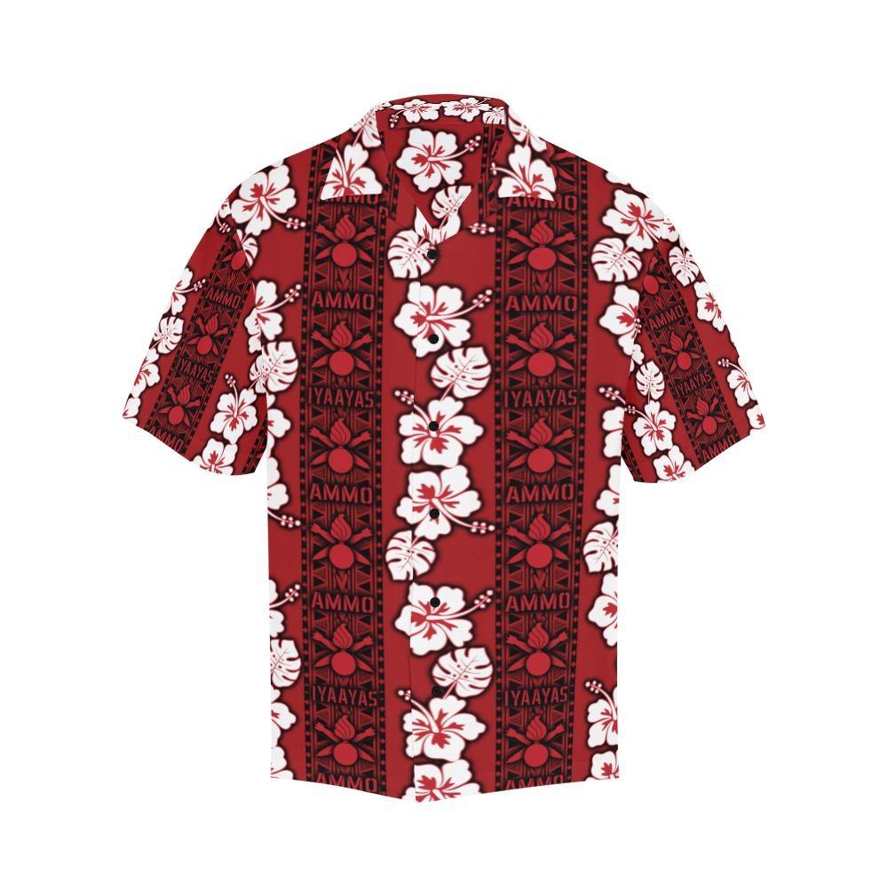 AMMO Hawaiian Shirt Red With White Flowers and Vertical AMMO Tribal Pattern - AMMO Pisspot IYAAYAS Gear