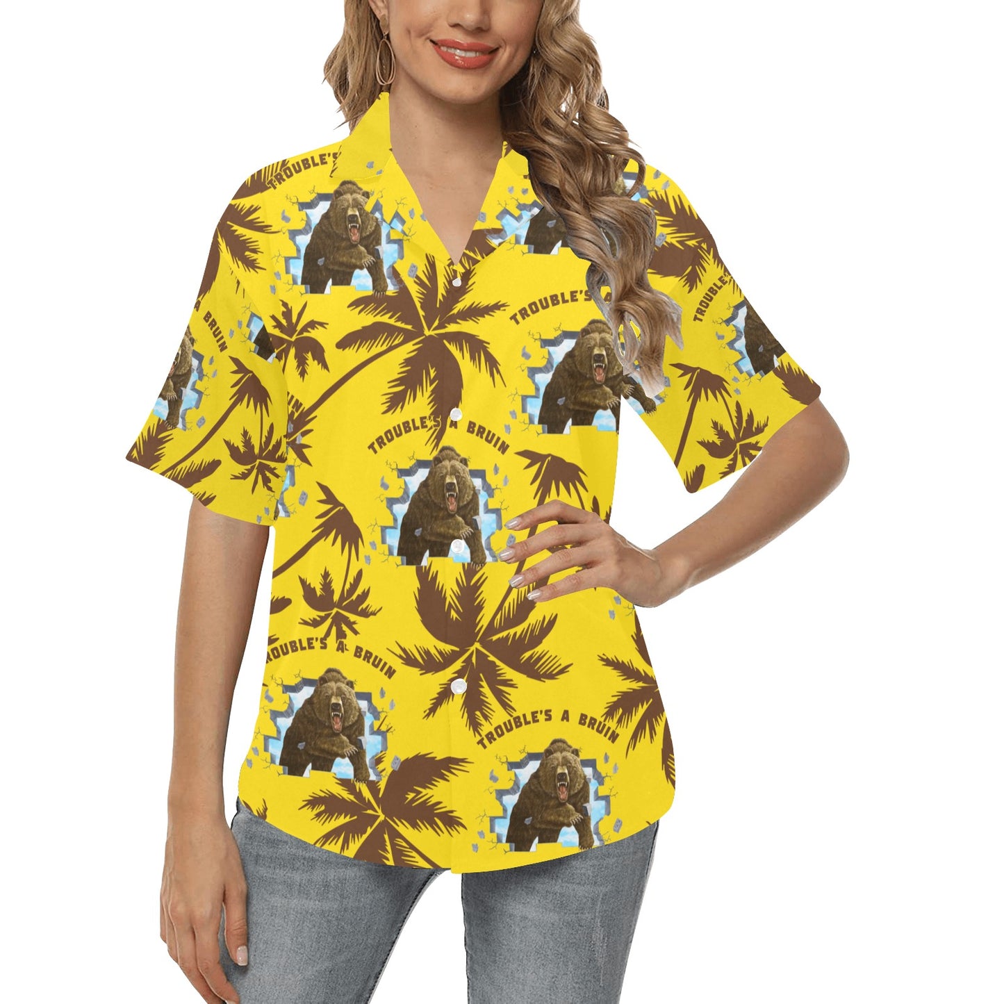 Fargo South High Troubles A Bruin Brown Bear Brick Wall Brown Palm Trees Yellow Womens Hawaiian Shirt