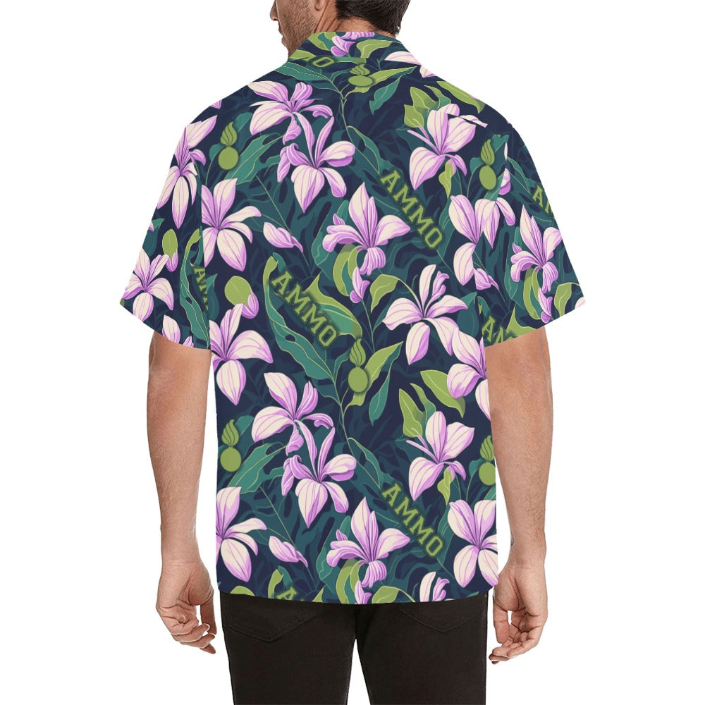 AMMO Hawaiian Shirt Green Leaves Background with Pink Frangipani Flowers Pisspots and Word AMMO