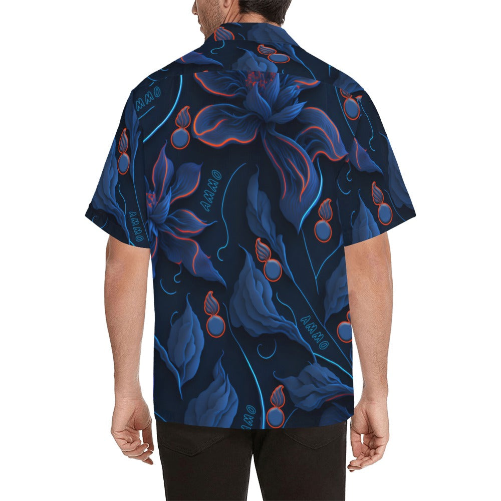 USAF AMMO Red and Blue Neon Flowers Leaves Pisspots and AMMO Word Mens Hawaiian Shirt
